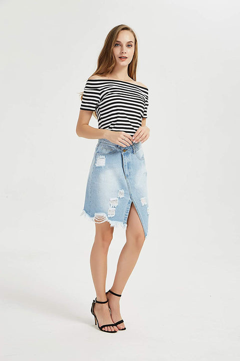 Womens Denim Ripped Distressed Midi Skirt Slant Fly Frayed Hem