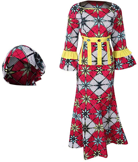 Dresses for Women Autumn 2 Pieces Maxi with Headwrap African Dashiki Print Crop Top Skirt Set