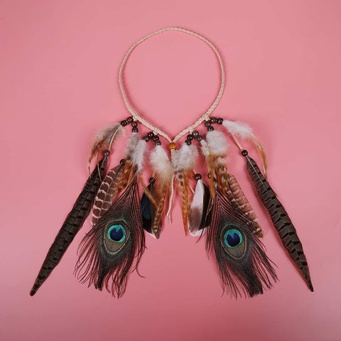 Peacock Feather Hippie Headband Accessories - AWAYTR Bohemia Tribal Indian Hippie Headpiece Braided Beads Headwear Festival Hair Decoration (beige-1)