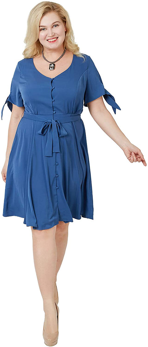Carrotomato Women's Plus Size V-Neck Dress Ruffled Button Front Opening Swinging Flared Casual Dress Belt