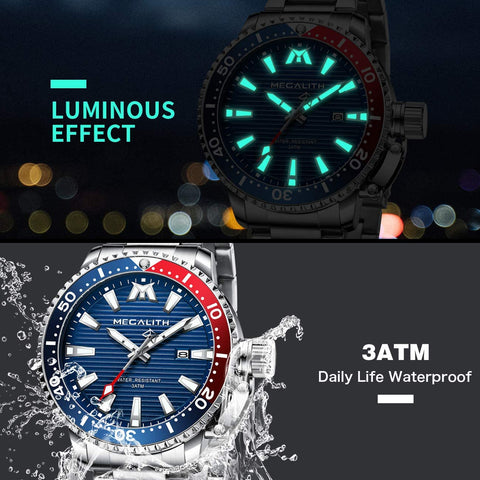 MEGALITH Mens Watches with Stainless Steel Waterproof Analog Quartz Fashion Business Luminous Metal Watch for Men, Auto Date