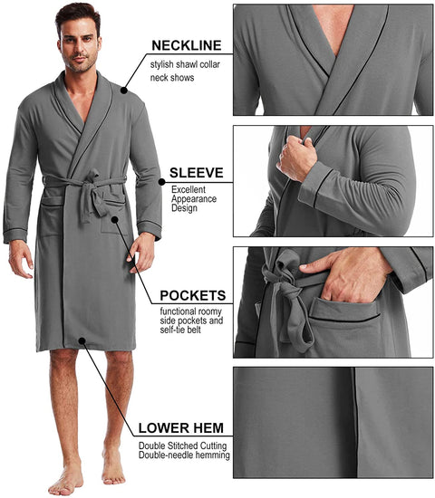 Men's Robe Knit Bamboo Cotton Long Bathrobe Spa Sleepwear Soft Shawl Collar Kimono Robe Big and Tall