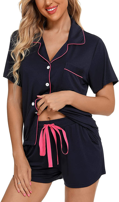 Womens Pajamas Set Short Sleeve Sleepwear Button Down Nightwear Shorts Soft Pj Sets S-XXL