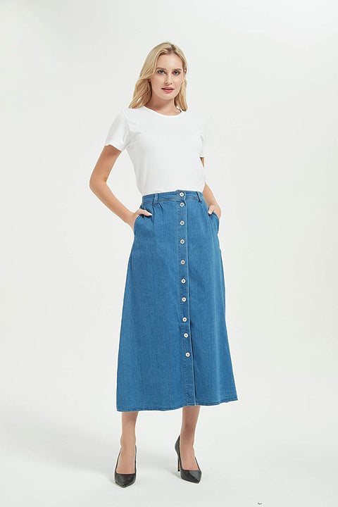 Womens A Line Long Midi Denim Skirt with Button Front