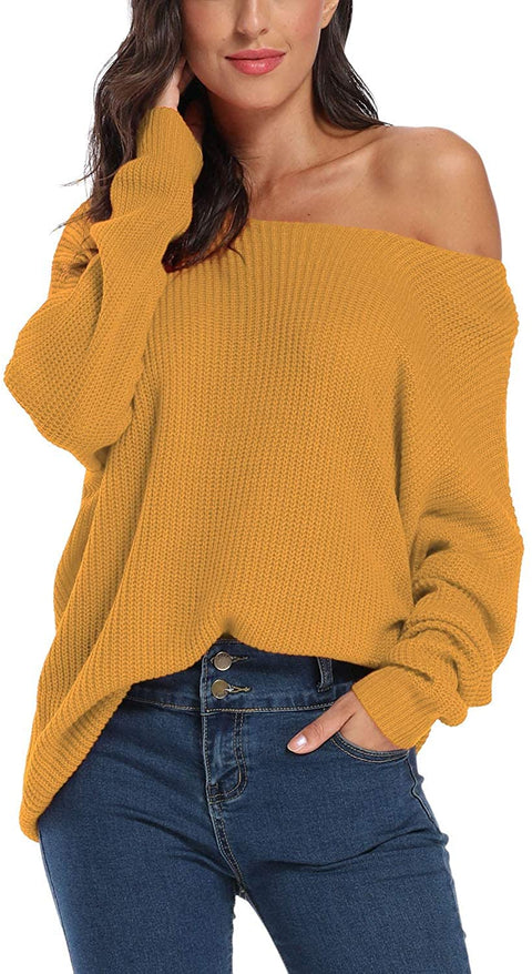 Women's Boat Neck Solid Casual Loose Knitted Pullover Sweater Jumper Tops