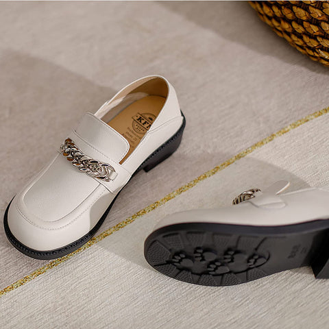 KANGFEINI Fashion Ladies Classic Round Toe Chain Decorative Loafers Comfortable Driving Office Loafers