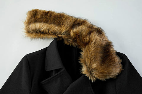 Mens Stylish Trench Coat Removable Faux Fur Collar Topscoat Double Breasted Winter Overcoat Warm Long Pea Coat