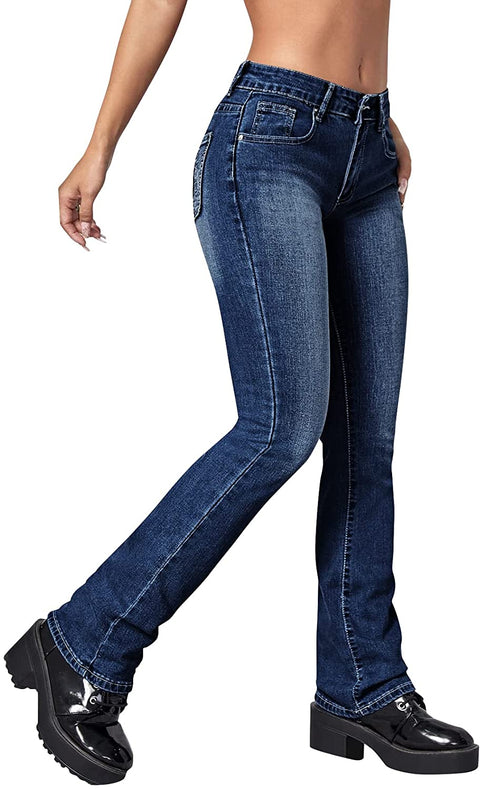 Women's Casual Slim Fit Flared Jeans Mid Waisted Sexy Stretchy Comfortable Denim Pants Trousers with Pockets