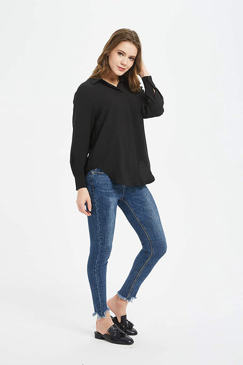 Women's Casual V Neck Crepe Blouses Long Sleeve Button Down Shirts Tops