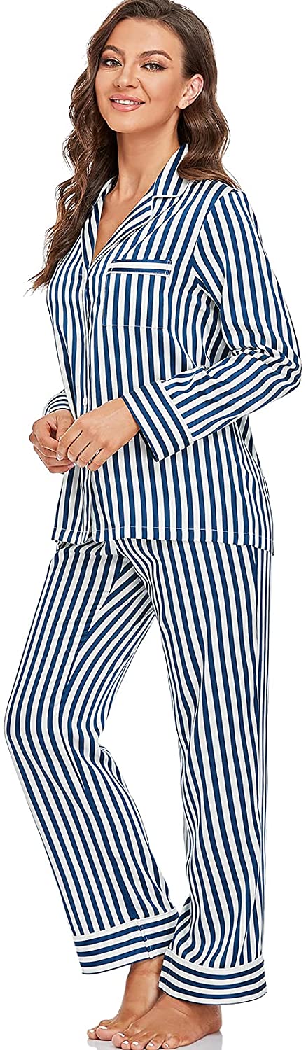 Women's Satin Pajama Set Long Sleeve Button Sleepwear 2-Piece Pj Lounge Set
