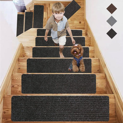 Fungzou Stair Treads Non-Slip Carpet Rugs Set 15PCS, Safety for Kids Elders and Dogs with Reusable Machine Washable Anti Slip Base Rug (Black Grey)