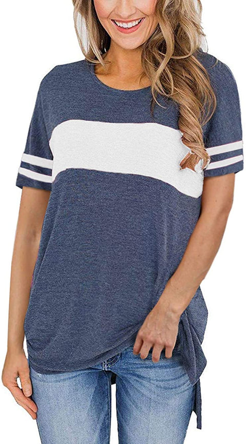 Women's Color Block Striped Long Sleeve Shirt Side Split High Low Hem Casual Pullover Tunic Tops