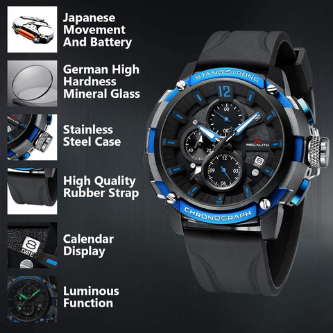 MEGALITH Men's Watch 50mm Rubber Chronograph Waterproof Large Face Watch Silicone Military Sport Analog Heavy Duty Watches for Men Luminous Multifunctional Cool Designer Gents Wrist Watches