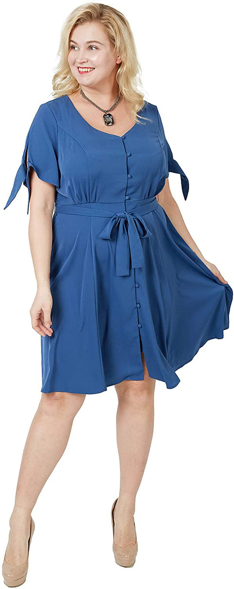 Carrotomato Women's Plus Size V-Neck Dress Ruffled Button Front Opening Swinging Flared Casual Dress Belt