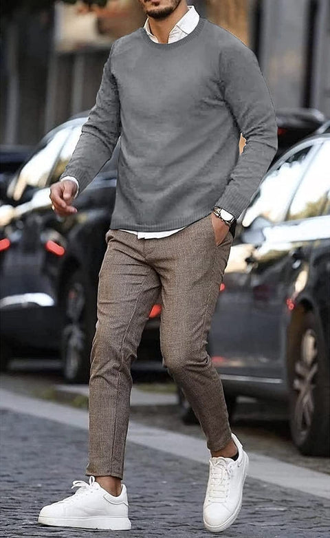Men Knit Dress Sweater Slim Fit Crew Neck Long Sleeve Pullover Sweater