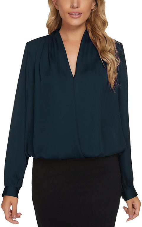 Women's Business Casual V-Neck Long Sleeve Wrap Blouse Solid Chiffon Shirts