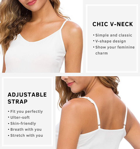 Xelky Womens V Neck Camisole Lightweight Tank Tops Adjustable Spaghetti Strap Undershirts Stretch Soft Plain cami 4 Pack S-XL
