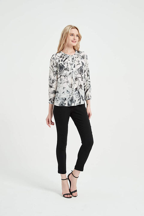 Womens Round Neck 3/4 Sleeves Print Tunic Shirt Blouse Tops