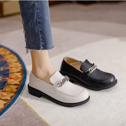 KANGFEINI Fashion Ladies Classic Round Toe Chain Decorative Loafers Comfortable Driving Office Loafers