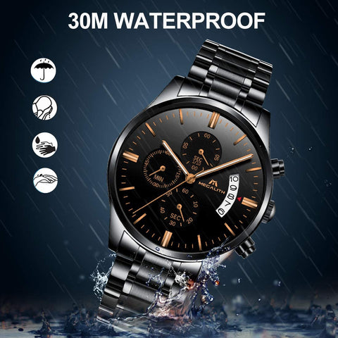 MEGALITH Mens Watches with Stainless Steel Waterproof Analog Quartz Fashion Business Chronograph Black Watch for Men, Auto Date