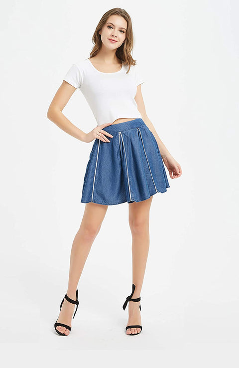 Womens Tencel Denim Skirt Patchwork Piping Mini Midi Skirt
