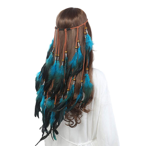 Boho Headdress Feather Headband Accessories - AWAYTR Feather Elastic Gypsy Festival Headband Indian Fancy Headpieces 1970s (Blue)