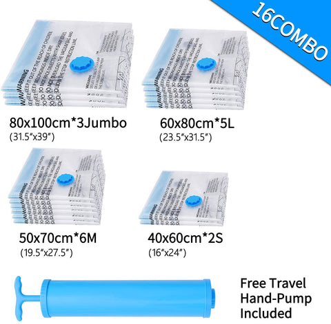 Bagail Vacuum Storage Bags, 16 Pack 80% Space Saver Bags for Comforters,Blankets,Bedding,Clothes,Pillows,Towels,etc.,Hand Pump Included(3 Jumbo+5L+6M+2S)