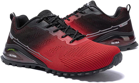 Kricely Men's Women Trail Running Shoes - Non-Slip Hiking Shoes Breathable Walking Footwear Outdoor Road Athletic Sneaker Red Black