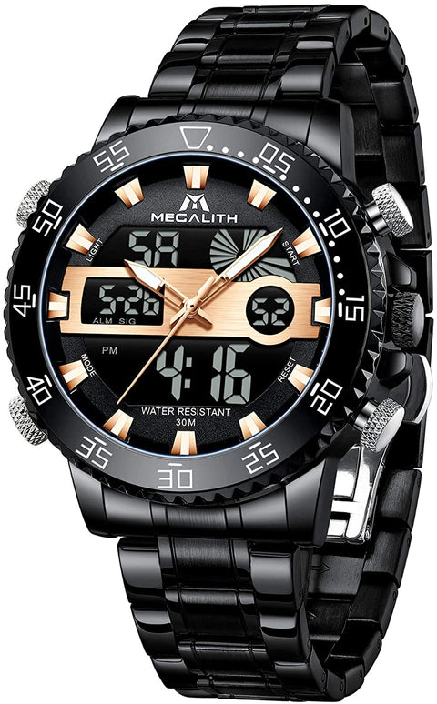 MEGALITH Men Watch Waterproof Stainless Steel Led Analog Digital Watches for Men Male Day Date Stopwatch Heavy Metal Alarm Sport Watch Gent Outdoor Military Luminous Big Wrist Watches with Backlight