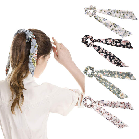AWAYTR Chiffon Ponytail Hair Scarf Scrunchies - 4 Packs Flower Cashew Leopard Ripple Point Elastic Hair Ties Bow for Women (Bud(Blue+White+Black+Pink))