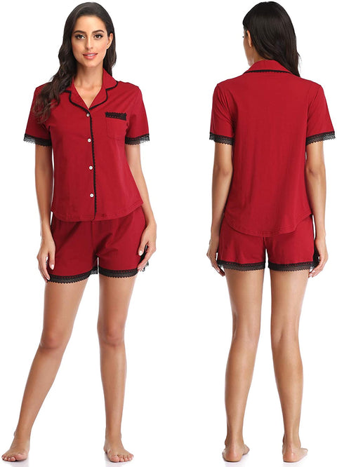 Women Pajamas Set Short Sleeve Pj Lounge Sets Soft Lace Pj Sets Button Down Sleepwear V Neck 2 Piece Plus Size XS-XXXL