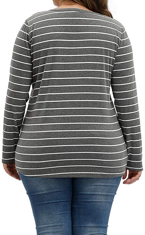 Women Plus Size Tops Long Sleeve Knitwear Stripe Clothing Casual Polo Shirts Button Up Blouse