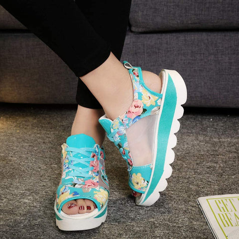 Floral Print Platform Sandals for Women Breathable mesh walking Casual shoes Chunky sports sandals