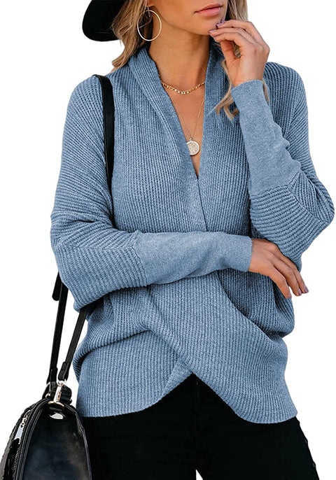Women Casual Knitted V Neck Sweaters Long Sleeve Cross Wrap Front Asymmetric Hem Solid Pullover Top