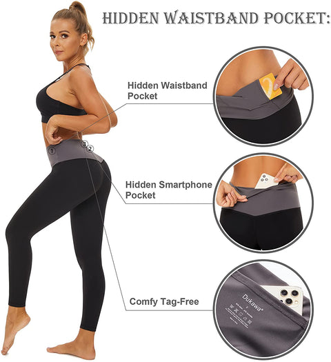 DUKAWA Womens Yoga Pants Leggings High Waist Tummy Control 2 Hidden Waistband Pockets,Nylon Soft Lightweight Moisture Wicking