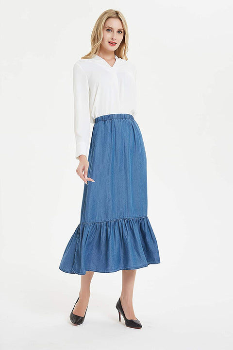 Womens Tencel Denim Long Midi Skirt Pleated Hem