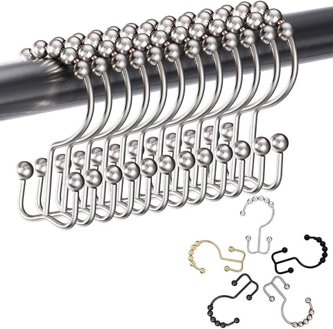 BAGAIL Double Shower Curtain Hooks,Matte Nickel Stainless Steel Shower Curtain Rings,Rust Proof Metal Double Glide Shower Hooks for Bathroom Shower Rods,Set of 12 Hooks