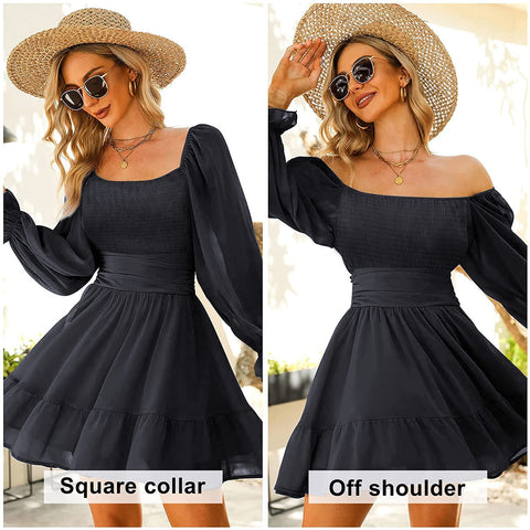 Women Elastic Smocked Bust Tie Back Long Puff Sleeve Square Neck Ruffle Dress A-line Casual Mini Dress