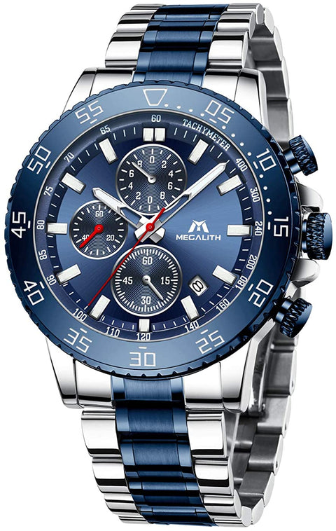 MEGALITH Mens Chronograph Watches Stainless Steel Man Waterproof Watch Luminous Gent Wristwatches for Men Fashion Business Classic Analog Quartz Date Watches