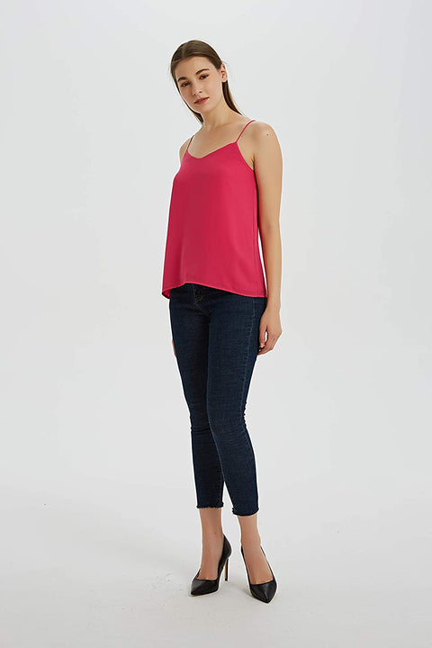 Womens Summer V-Neck Crepe Sleeveless Cami Tank Top Spaghetti Strap with Lining