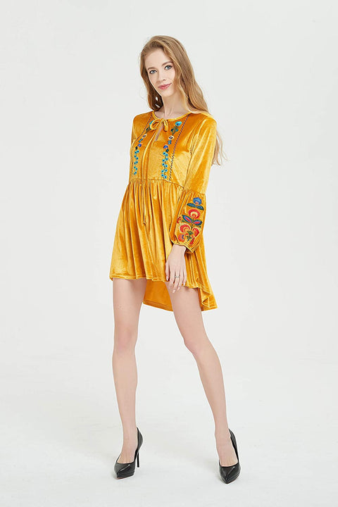 Womens Bohemian Velvet Dress with Embroidery, Elastic on The Waist and Sleeve Opening