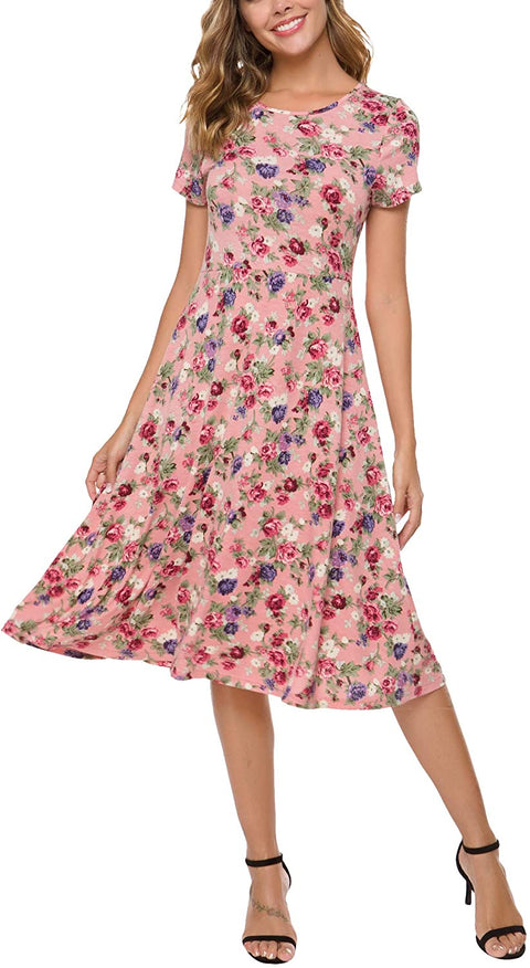 Women's Summer Casual T Shirt Dresses Floral Short Sleeve Flared Midi Dress