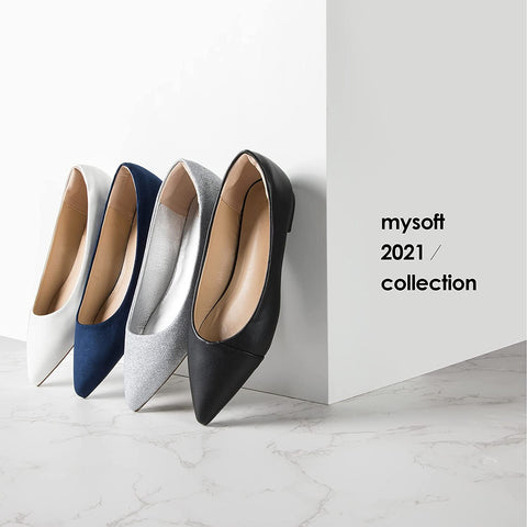 mysoft Women's Pointed Toe Ballet Flats Slip On Dress Shoes with Comfort Heel Protection White