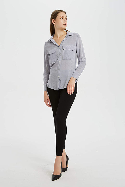 Womens Rayon Long Sleeves Blouse Stripe Shirt