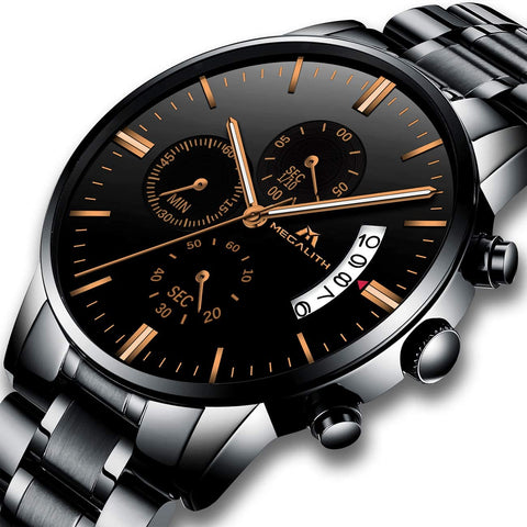 MEGALITH Mens Watches with Stainless Steel Waterproof Analog Quartz Fashion Business Chronograph Black Watch for Men, Auto Date