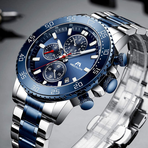 MEGALITH Mens Chronograph Watches Stainless Steel Man Waterproof Watch Luminous Gent Wristwatches for Men Fashion Business Classic Analog Quartz Date Watches