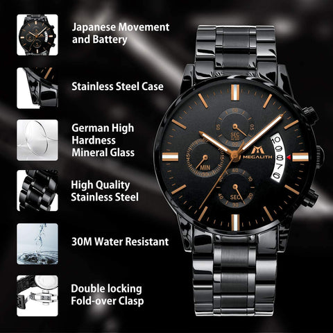 MEGALITH Mens Watches with Stainless Steel Waterproof Analog Quartz Fashion Business Chronograph Black Watch for Men, Auto Date
