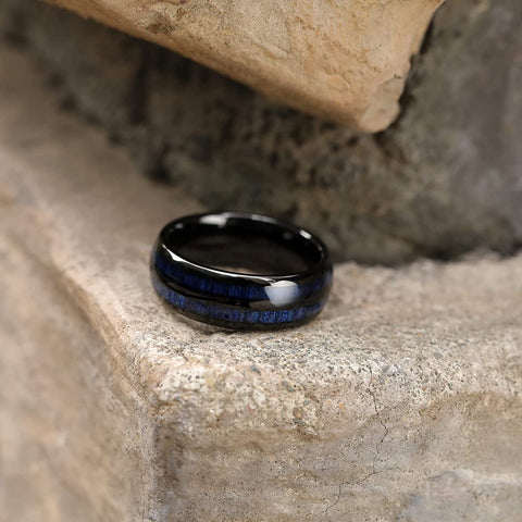 TRUMIUM 8mm Mens Tungsten Wedding Rings Blue Maple Inlay Black Tungsten Carbide Ring Engagement Band Beveled Edges Comfort Fit Size 6-13