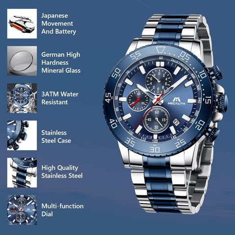 MEGALITH Mens Chronograph Watches Stainless Steel Man Waterproof Watch Luminous Gent Wristwatches for Men Fashion Business Classic Analog Quartz Date Watches