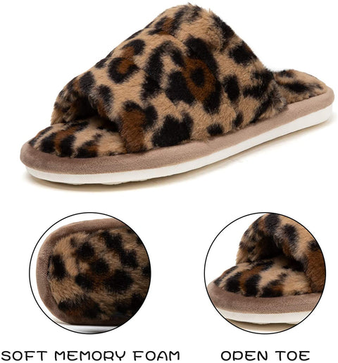 katliu Women's Fluff Slippers with Elastic Strap Fuzzy House Indoor Slippers Cozy Bedroom Slide Slippers New Leopard 280